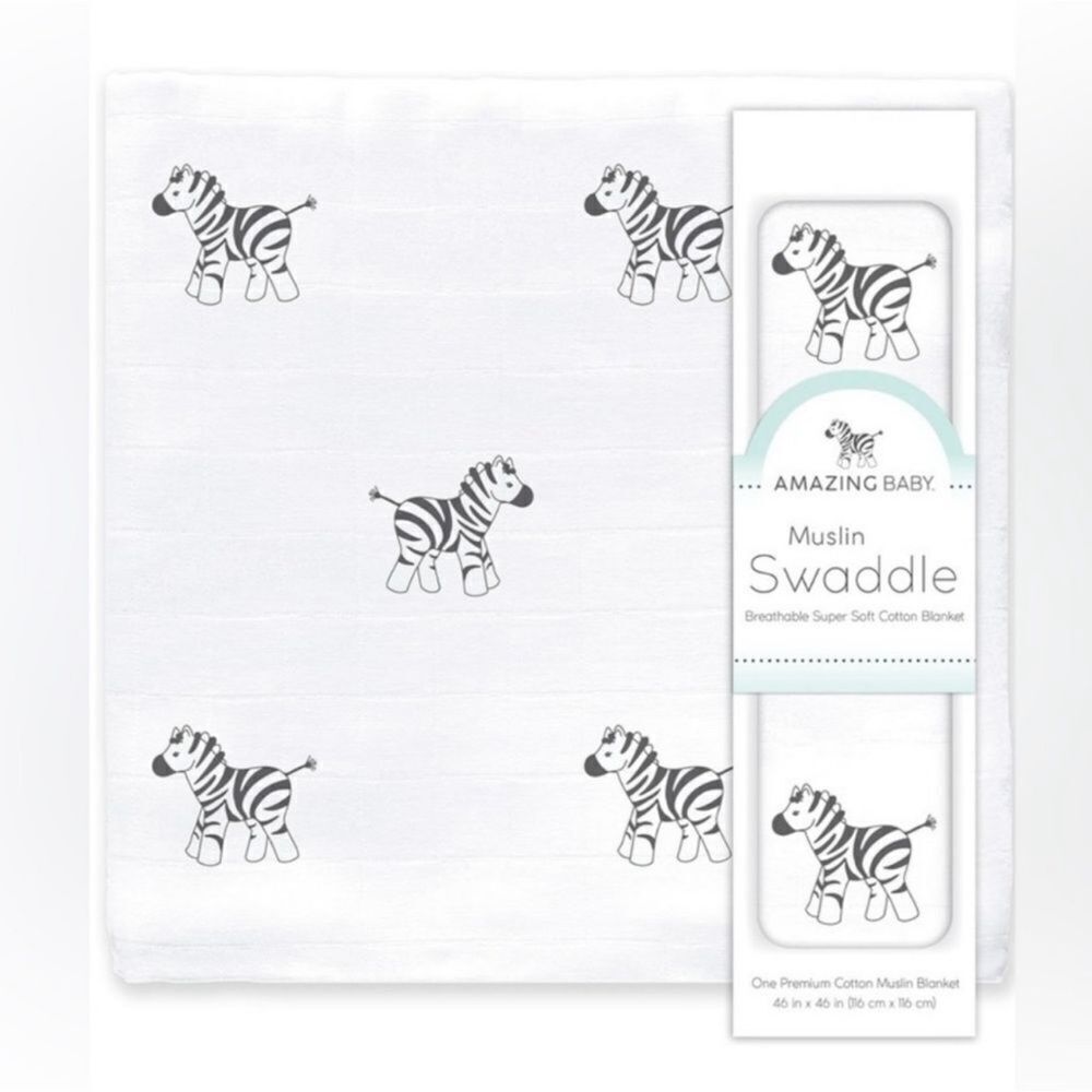 NWT Amazing Baby Muslin Swaddle Breathable Super Soft Cotton Zebra Blanket 36x36
